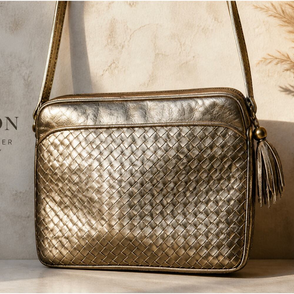 Ganson Crossbody Bag Woven Intrecciato Leather Metallic Bronze 90s Vintage